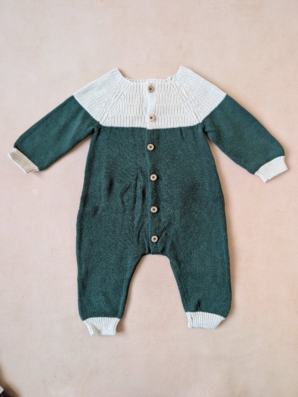 Fin & Vince Green & Cream Sweater Romper with Wooden Buttons